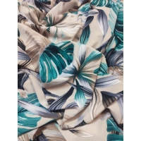 Elastyczny beżowy Jersey - zielone i szare liście paproci